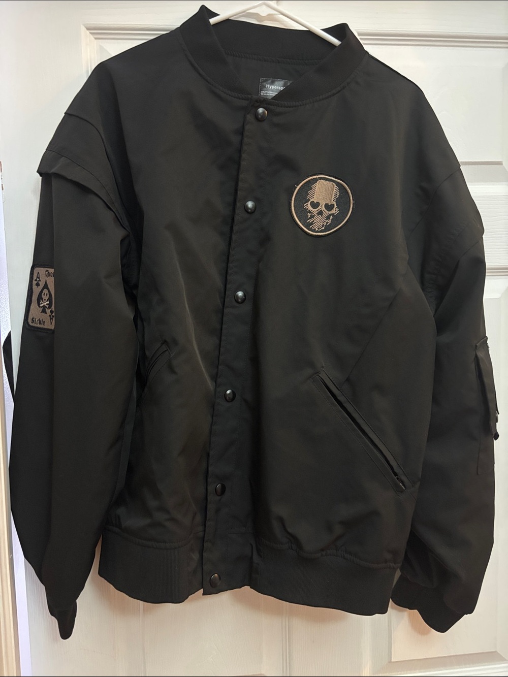 Men's Black Bomber Jacket with Skull Patch